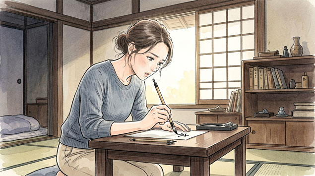 伝統的な書斎で筆ペンを使いニッチな技術に感動する日本の女性