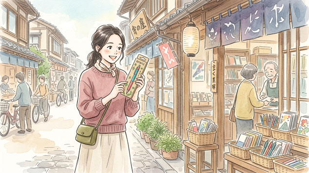 日本の文具街でリニューアルしたオレンズを手にする女性