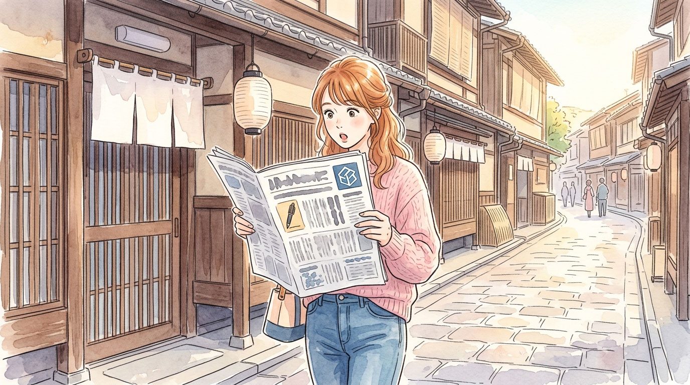 日本の女性が伝統的な京都の街並みでぺんてるの社名変更のニュースを読む様子