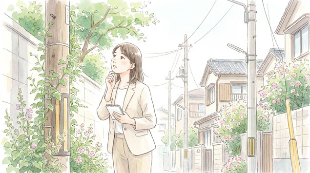 電柱のツルや植物を確認する女性