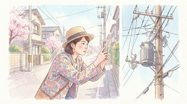 正確に電柱を撮影する女性