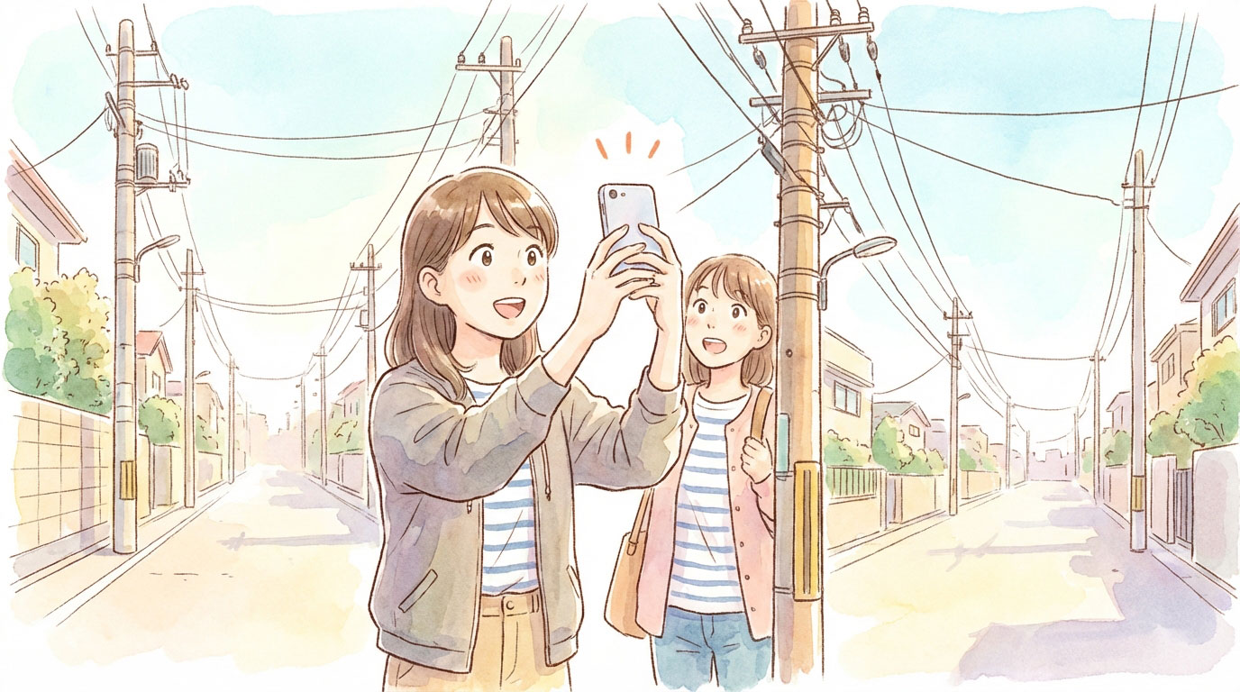 電柱をスマホで撮影してポイ活する女性のイメージ