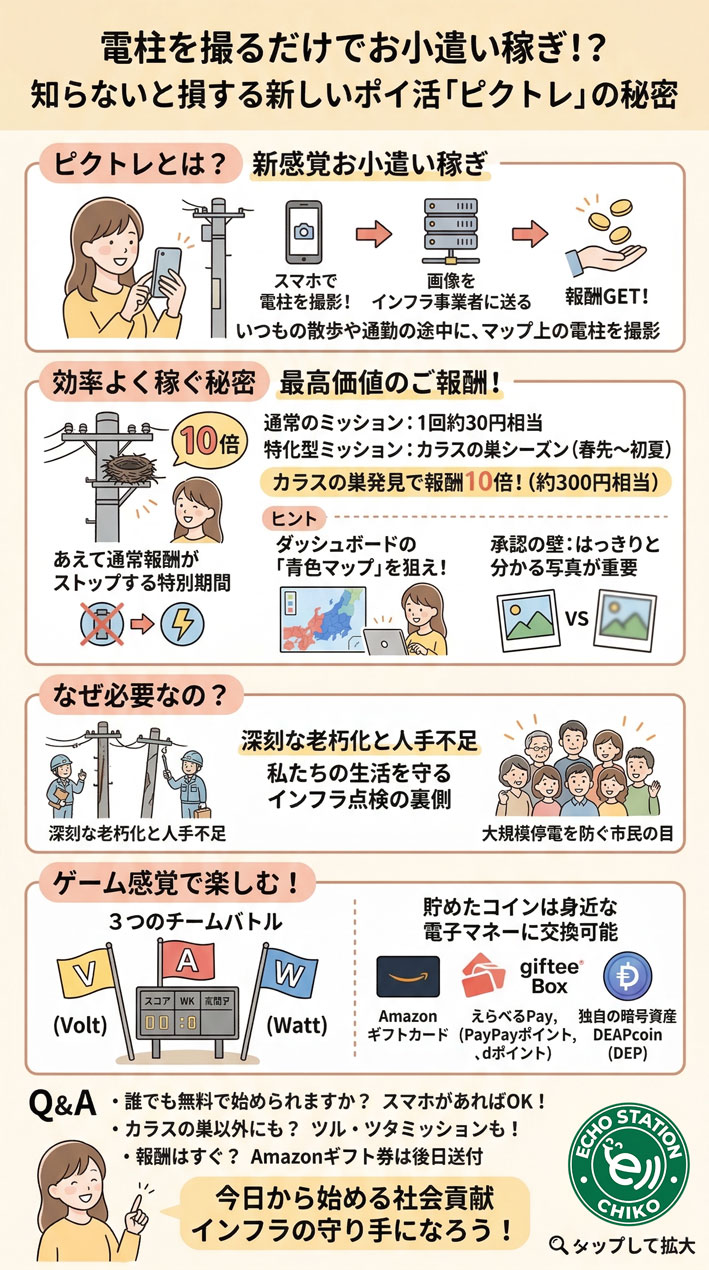 【2026年最新】電柱を撮るだけで稼げる？ピクトレの仕組みと裏ワザ完全解説インフォグラフ