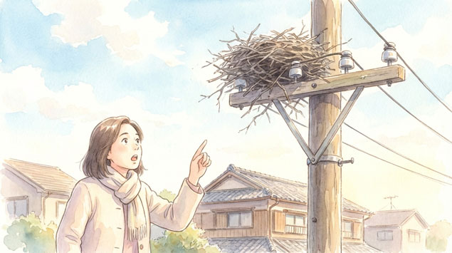 電柱の上のカラスの巣を見つける女性