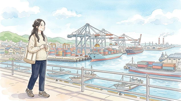 Japanese woman overlooking a harbor with container ships