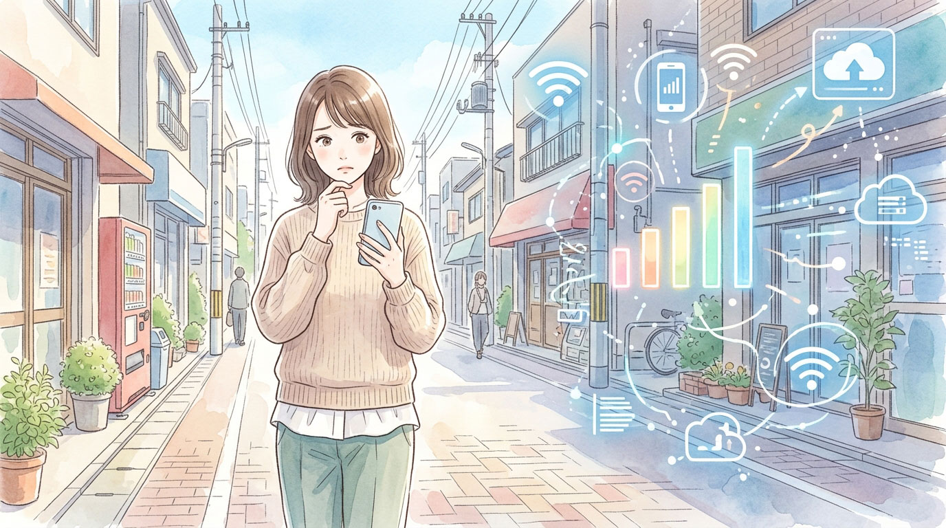 スマホの便利機能とリスクを考える女性のイメージ