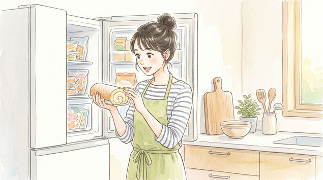 冷凍したロールケーキを取り出す女性