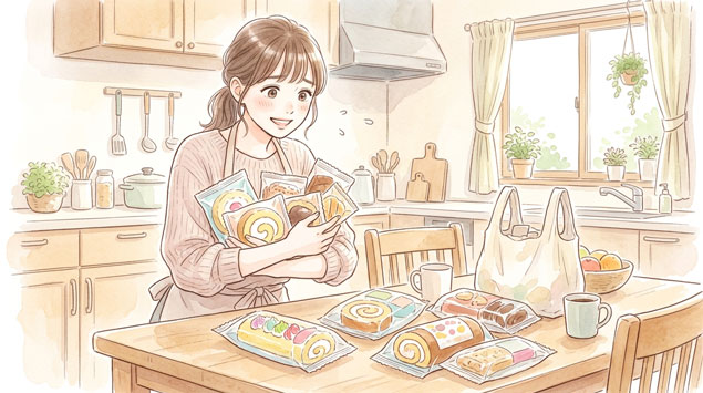 ロールケーキをまとめ買いして悩む女性