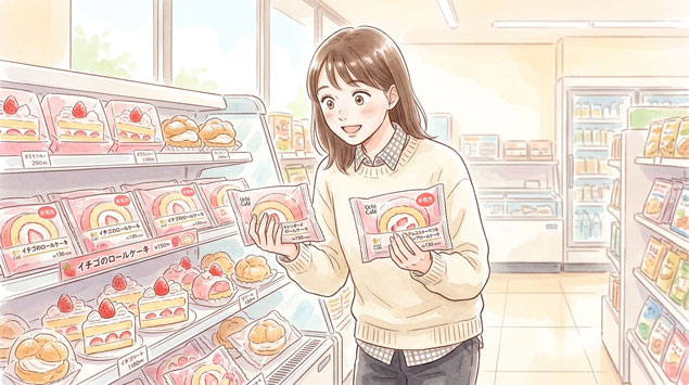 ローソンのスイーツ売り場で比較する女性