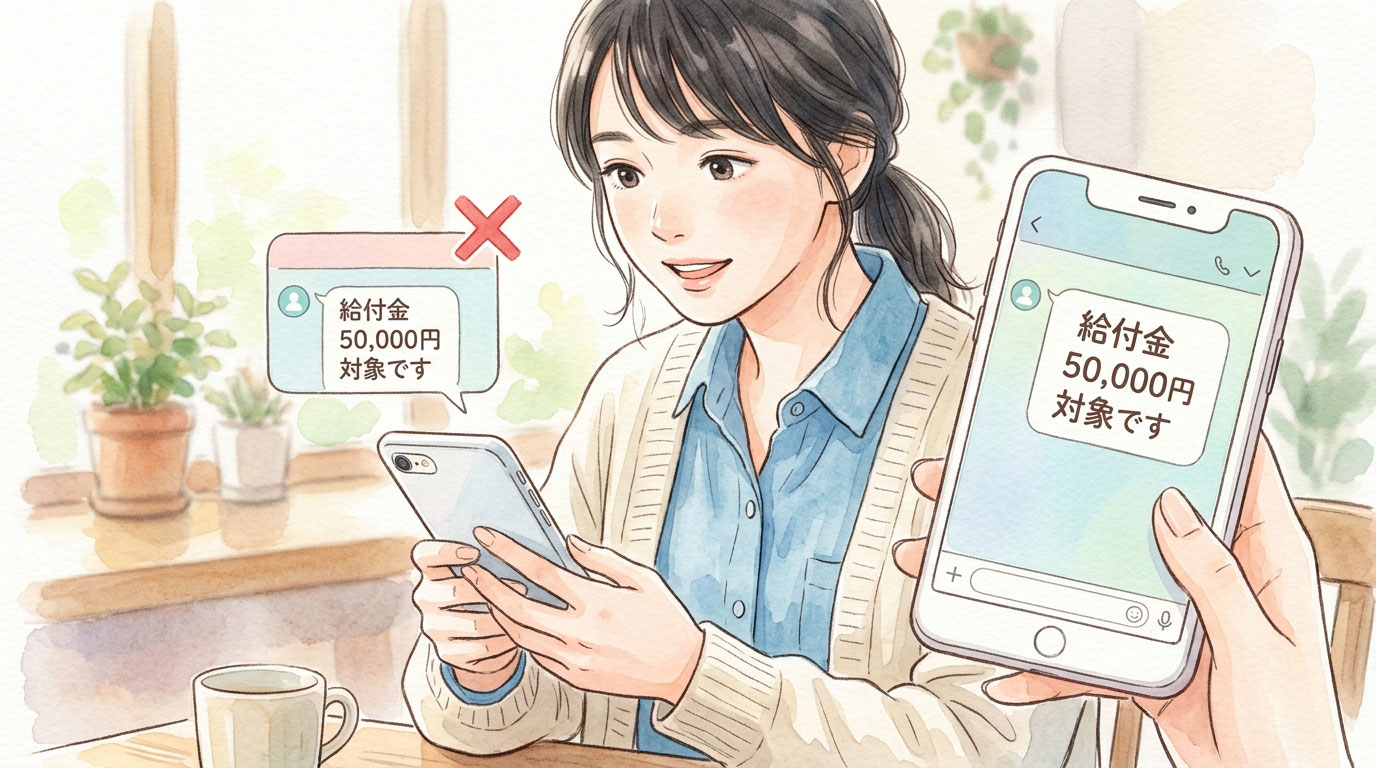 【注意】スマホの「給付金5万円」通知は詐欺？本物と偽物を一瞬で見抜く方法 スマホに届いた詐欺メールを見分けている 女性。これで詐欺にはかからないという事例