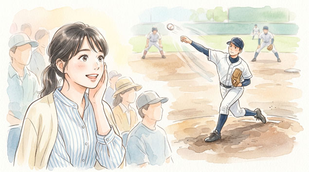  注目投手のプレーに見入る女性