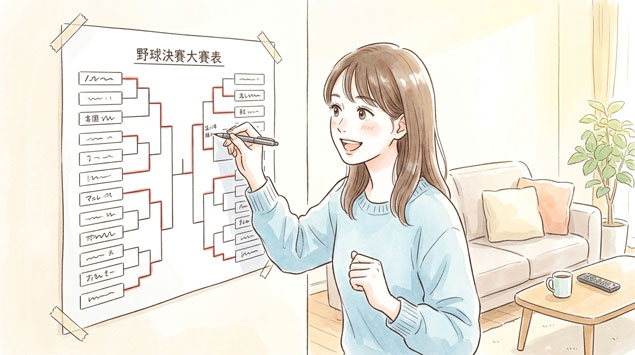 トーナメント表を書き込みながら観戦を楽しむ女性