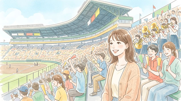 応援席で高校野球を楽しむ女性