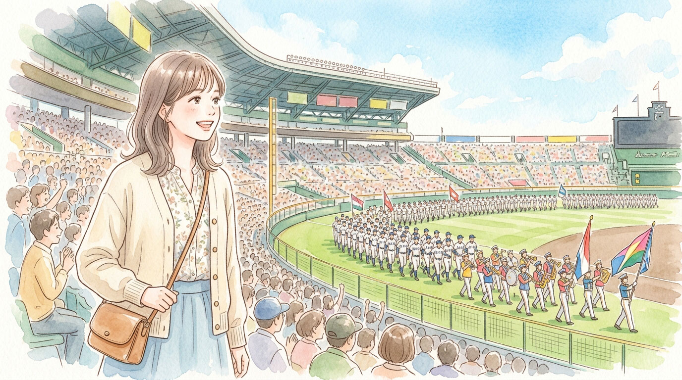 センバツ高校野球の開会式を甲子園で楽しむ女性