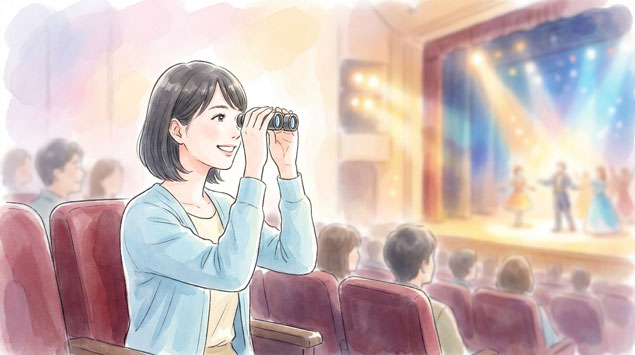 双眼鏡で舞台を見る女性
