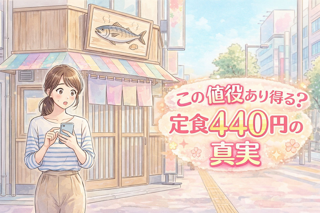 すかいらーく買収ニュースに驚く女性としんぱち食堂の外観