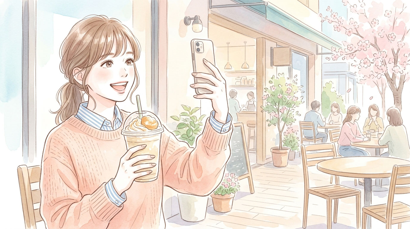 【2026年スタバ新作】シュークリームフラペチーノはいつまで？カロリー・カスタム・100円得する裏技 スタバのラテを持もち自撮りする女性