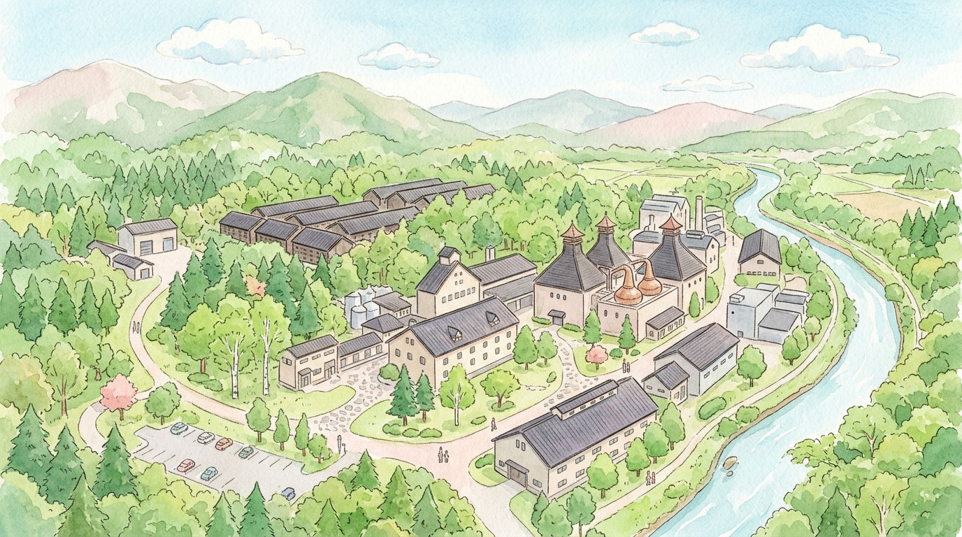 サントリー白州工場の秘密|南アルプスの森と天然水が生むウイスキーの物語 サントリー白州工場の全体鳥瞰図