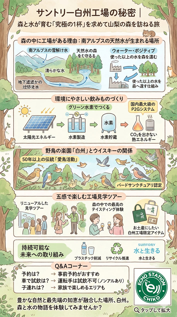 サントリー白州工場の秘密｜南アルプスの森と天然水が生むウイスキーの物語 インフォグラフ