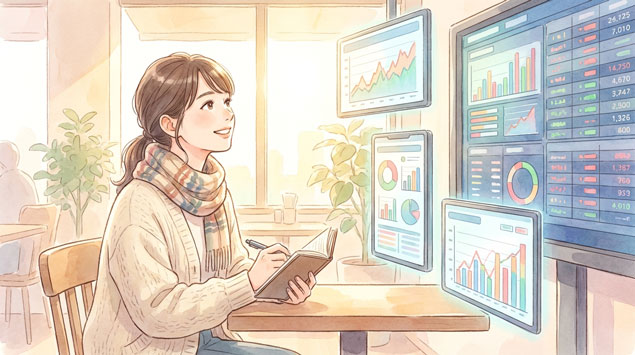 五大商社株の配当利回りを調べる女性