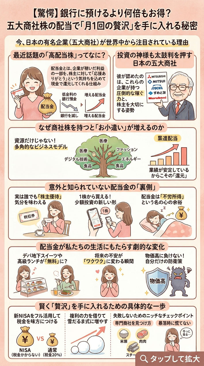 【驚愕】銀行に預けるより何倍もお得？五大商社株の配当で月1回の贅沢を手に入れる秘 インフォグラフィック