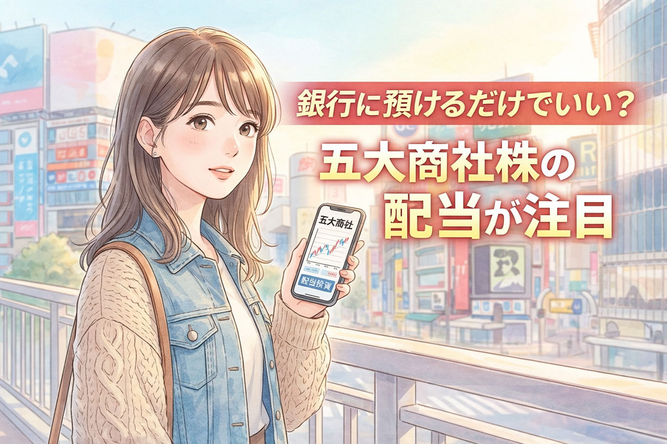 五大商社株と配当投資に関心を持つ女性のイメージ