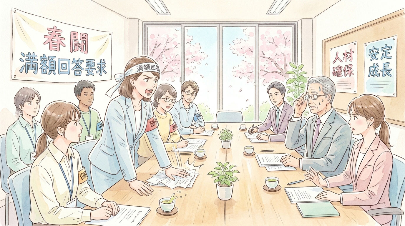 春闘で労働組合が団体交渉をしている風景穏やかに進んでいる