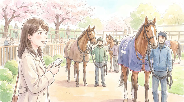 パドックで馬を観察する女性