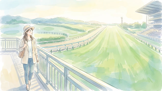 中京芝1200mの直線と坂を観察する女性