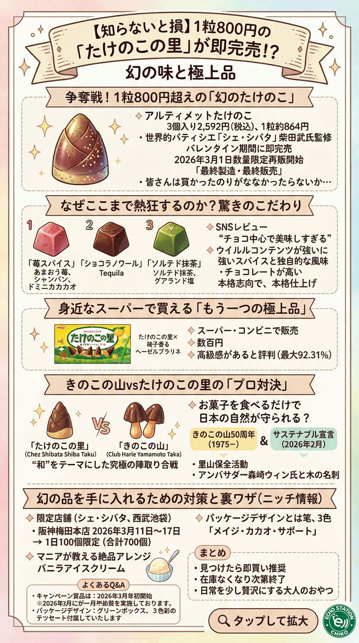 【2026年最新】たけのこの里の高級版はどこで買える？1粒864円の正体と販売店まとめインフォグラフィック