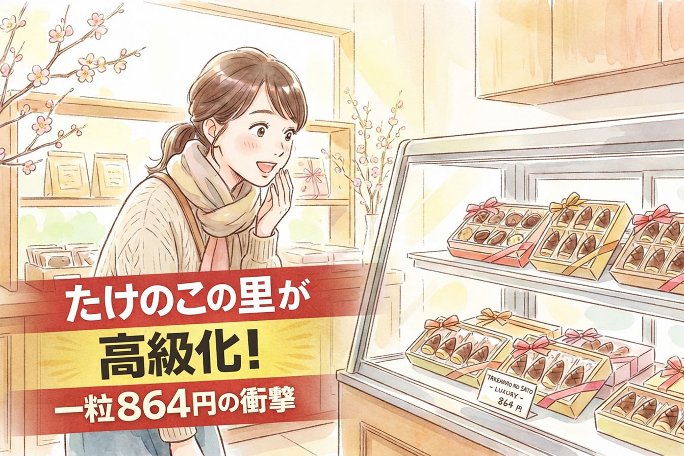 高級たけのこの里が話題になっている様子とスイーツ売り場のイメージ