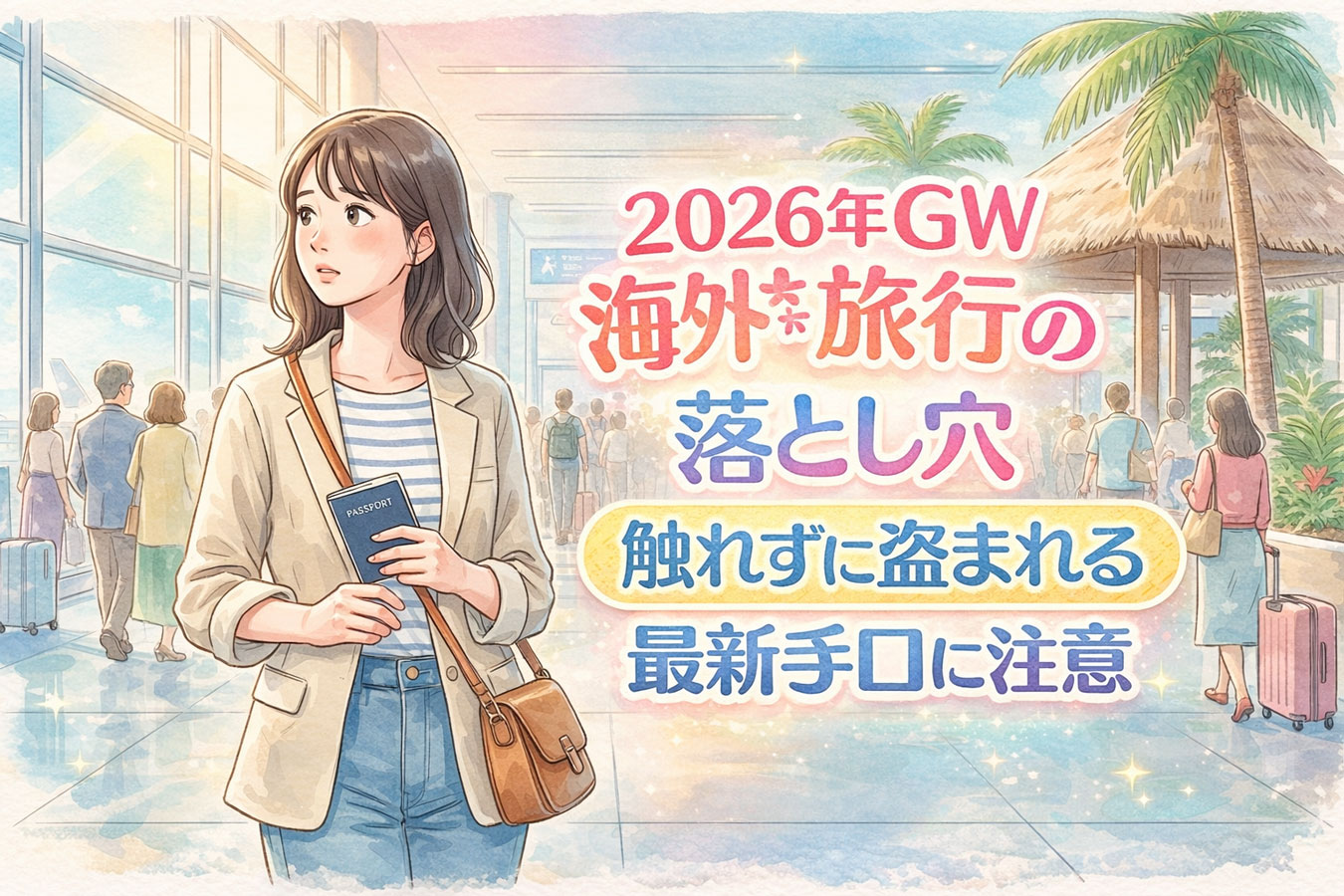 2026年GWの海外旅行で見えない危険を意識する日本人女性のイラスト