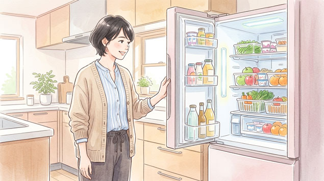 最新の冷蔵庫を活用する女性のイラスト