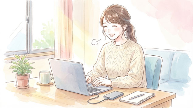 データバックアップで安心する女性