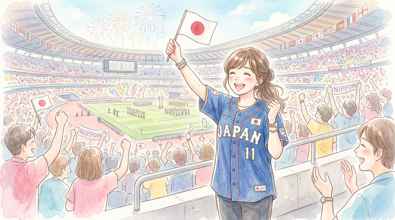 【2026年W杯】ワールドカップ放送はどうなる スタジアムで日本の旗を持って応援する女性