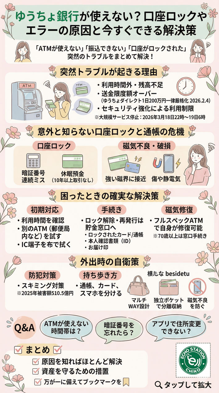 ゆうちょ銀行が突然使えない？口座ロックの原因と今すぐできる対処法完全ガイドインフォグラフ
