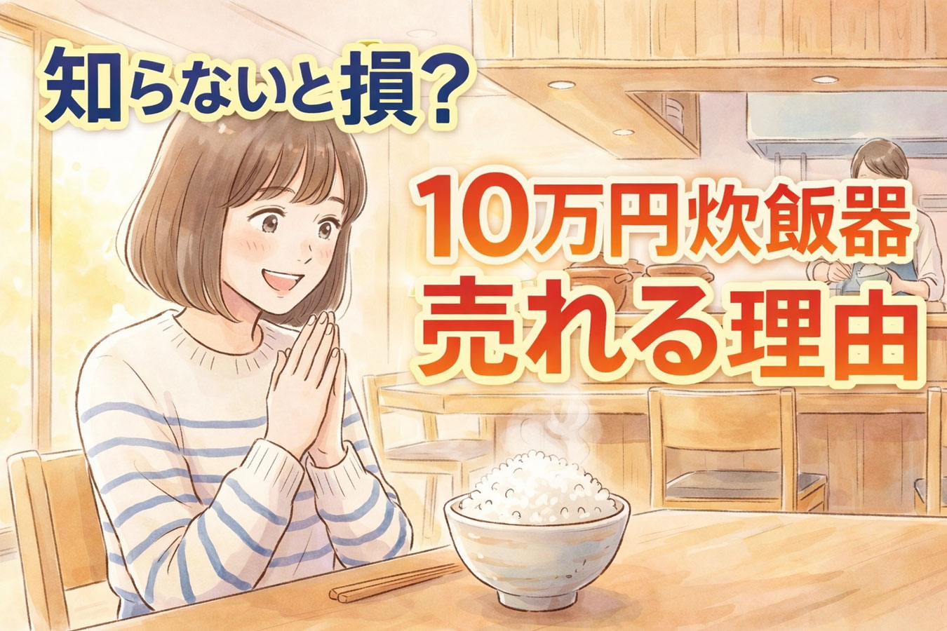 prompt: | modern Japanese rice restaurant interior with traditional elements, Japanese woman in her 20s-30s wearing casual fashion standing slightly left of center, looking at freshly served glossy white rice in a bowl, warm natural daylight, refined Japanese dining space inspired by high-end rice restaurant, background shows elegant counter and rice-serving scene on the right, emotional expression impressed and excited, bright and warm atmosphere, watercolor, hand-drawn, soft touch, pastel colors, illustration by female artist, delicate, gentle, cute, charming, clean-cut appearance, healthy, relaxed, healing, no text alt: 象印食堂の店内でご飯を味わう女性 title: 象印食堂の体験イメージ caption: 高級炊飯器のご飯を体験できる象印食堂 description: 象印食堂のような高級感ある店内で炊きたてご飯に感動する女性の様子