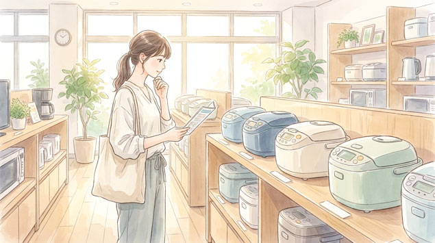 炊飯器を比較する女性