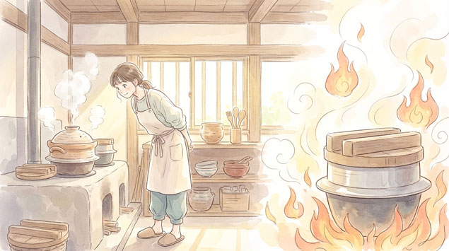 かまど炊きのご飯をイメージする女性