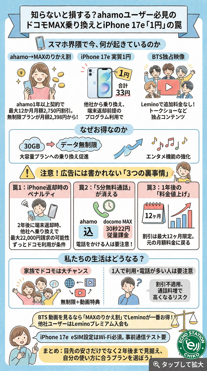 ahamoからドコモMAXは得？iPhone 17e実質1円の注意点も解説インフォグラフ