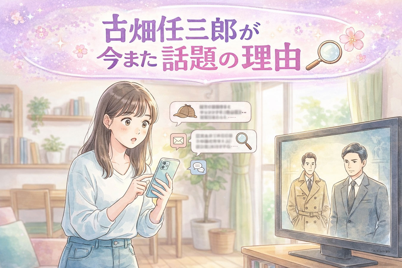 古畑任三郎の話題をSNSで見て驚く日本人女性のイラスト"