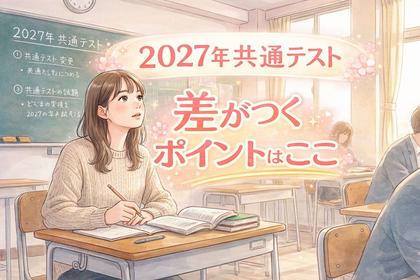 2027年共通テストの変化に向けて勉強する学生のイメージ