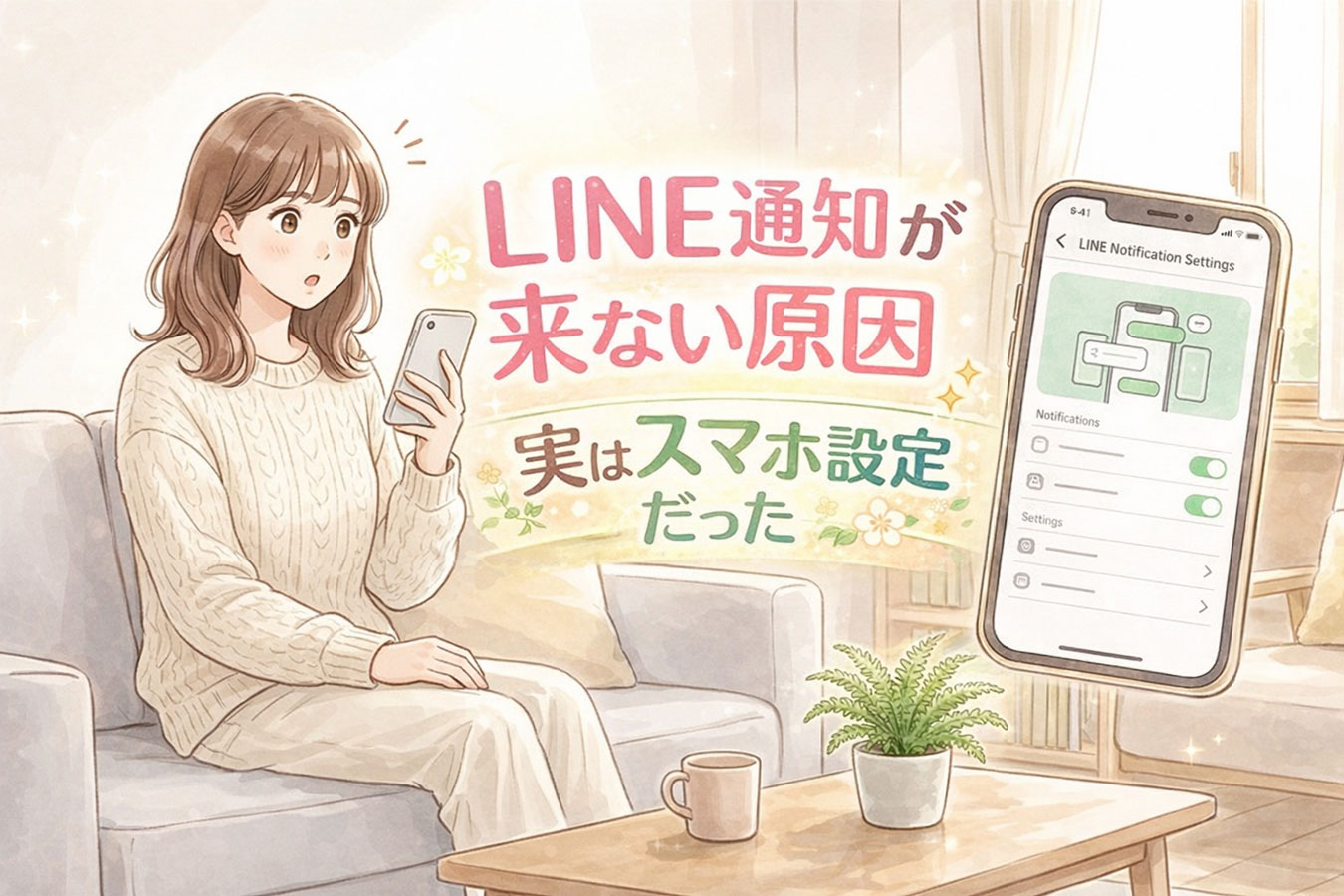 LINEの通知が来ない原因に気づきスマホを確認する女性