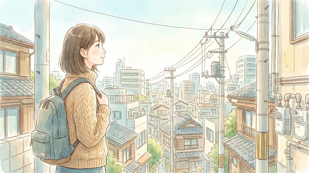 電気代が上がるイメージ 女性が電線を恨めしそうに見ている
