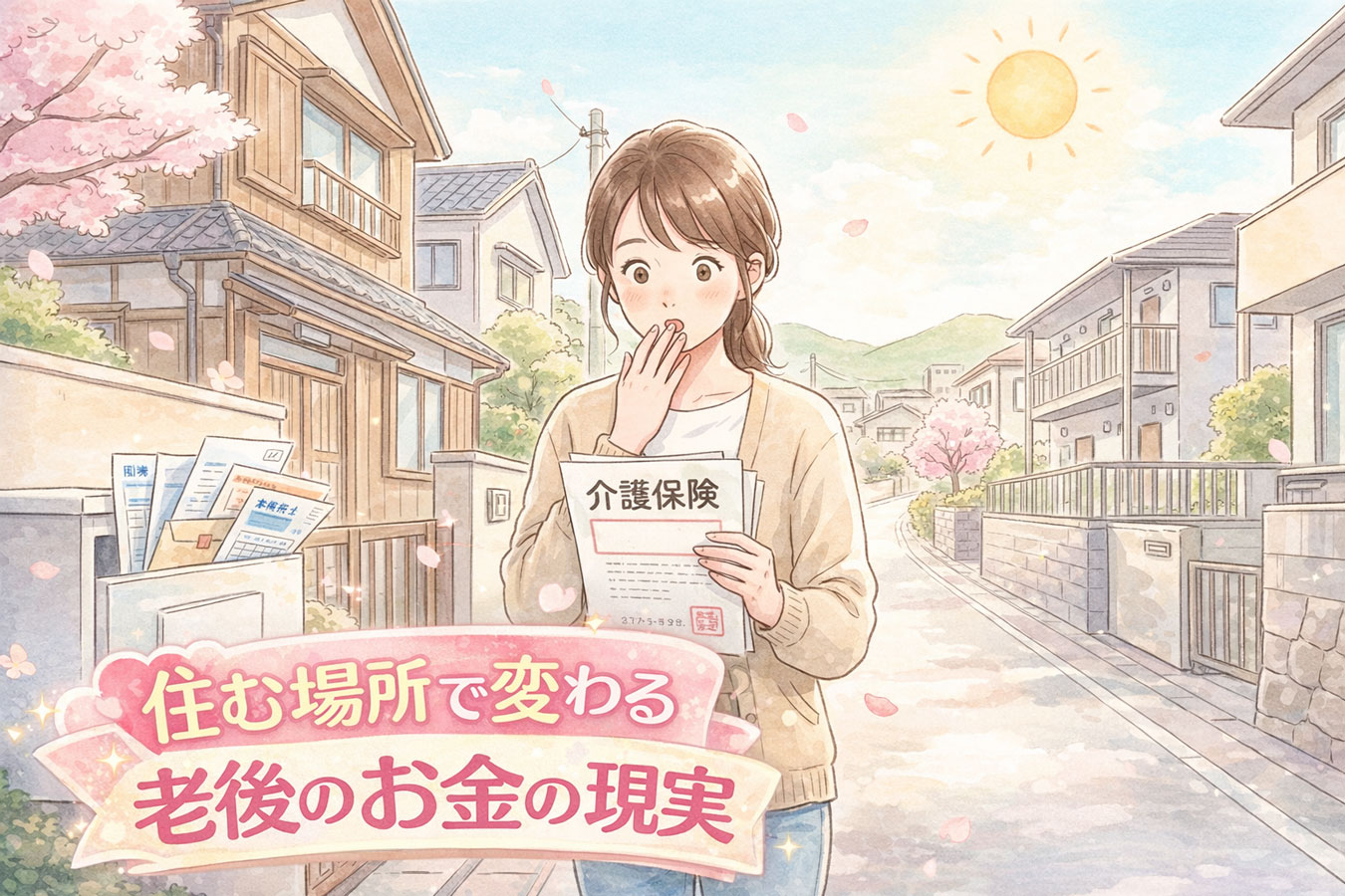 介護保険料の高さに驚く女性と住宅街のイメージ