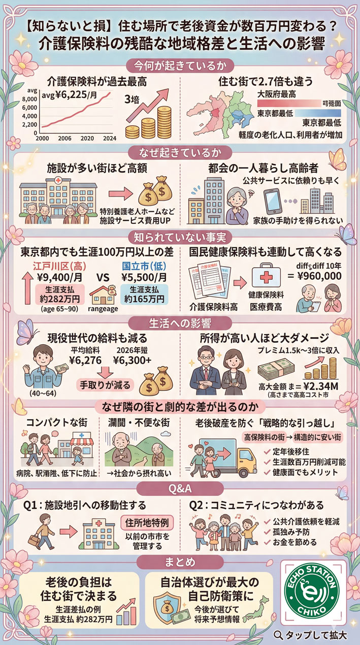 介護保険料は住む場所で差が出る?地域格差と老後資金への影響インフォグラフ