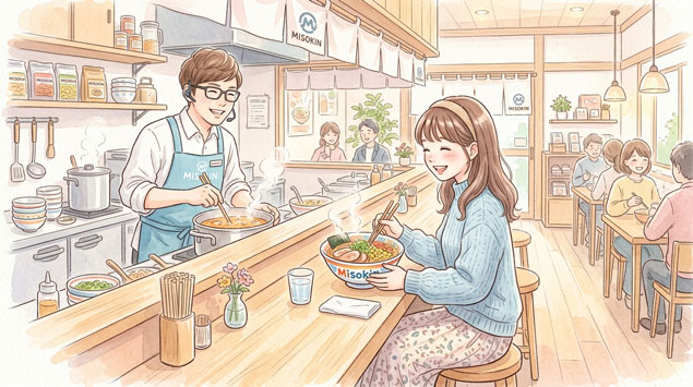 日本人の可愛い女性が、あたらしいみそきんの店舗のカウンターでで念願のみそきんを食べてるシーン。なんとカウンター腰にはヒカキンが店長としてみそきんラーメンを作っている