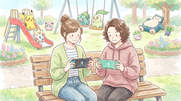 ぽこあぽけもんを楽しむ女子二人なんと公園にはポケモン登場
