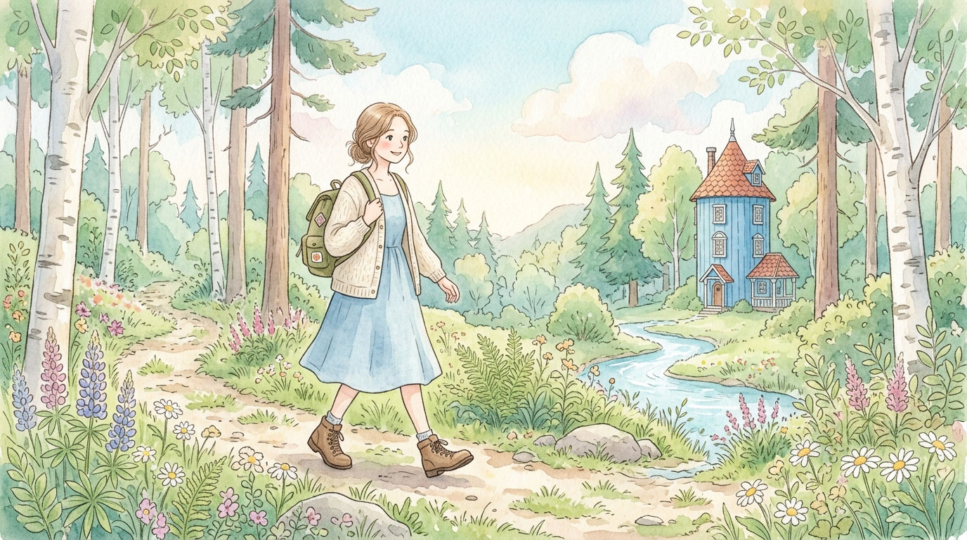  watercolor, hand-drawn, soft touch, pastel colors, illustration by female artist, delicate, gentle, cute, charming, clean-cut, healthy, bright, calm, relaxed, healing. No text. No traditional Japanese clothing. 飯能の北欧風ムーミン谷イメージの森をリュックサックを背負って歩く可愛い背の高い細身の女性。