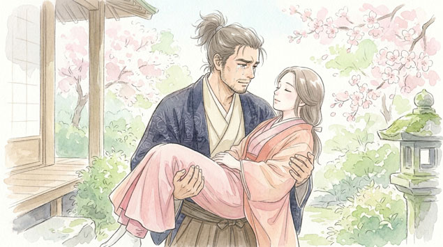 戦国武将が 妻を両手でお姫様抱っこしているお互い顔を見つめ合う、戦国武将の目には涙 多分妻は死んでいる